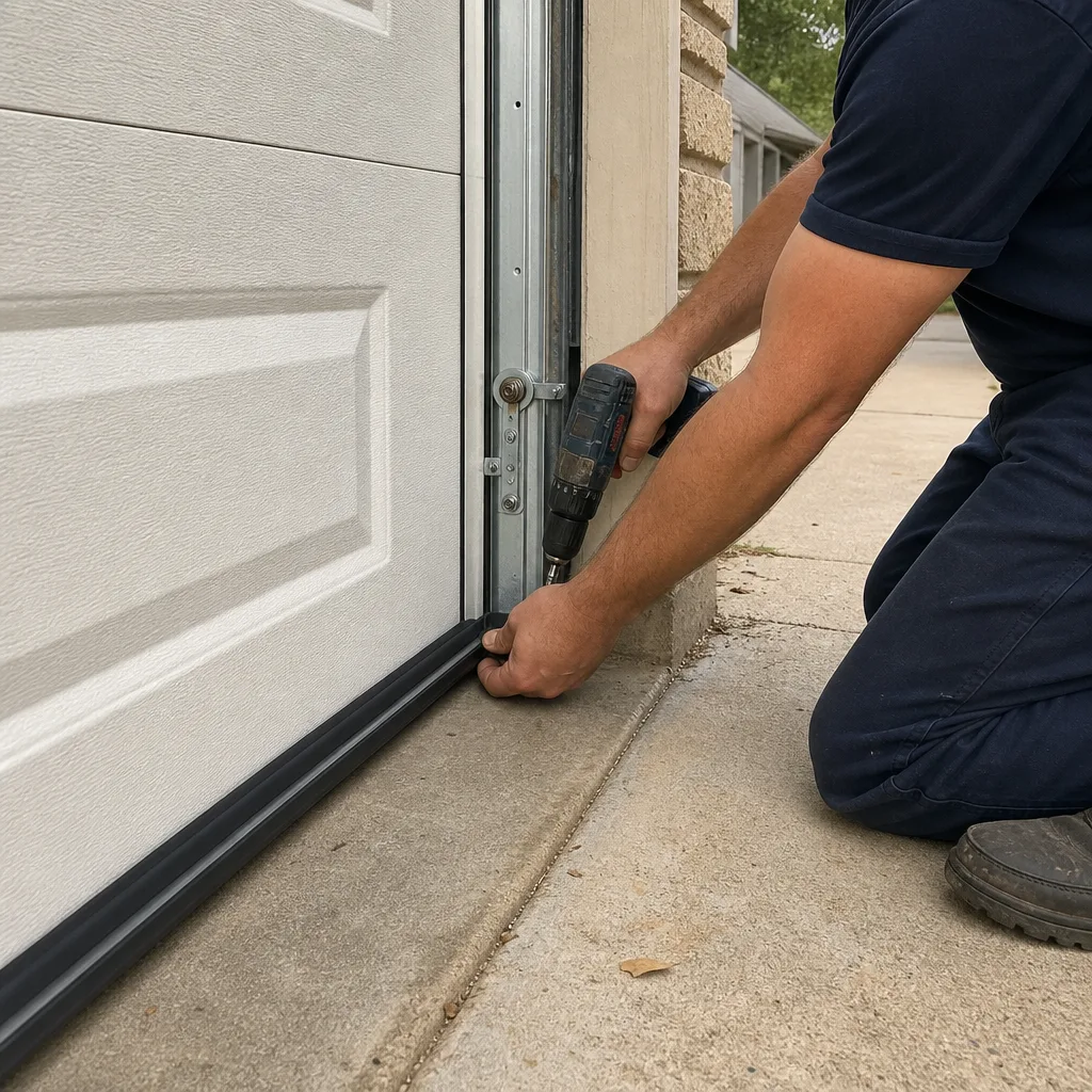 Technician installing garage door weather seal with a power drill.