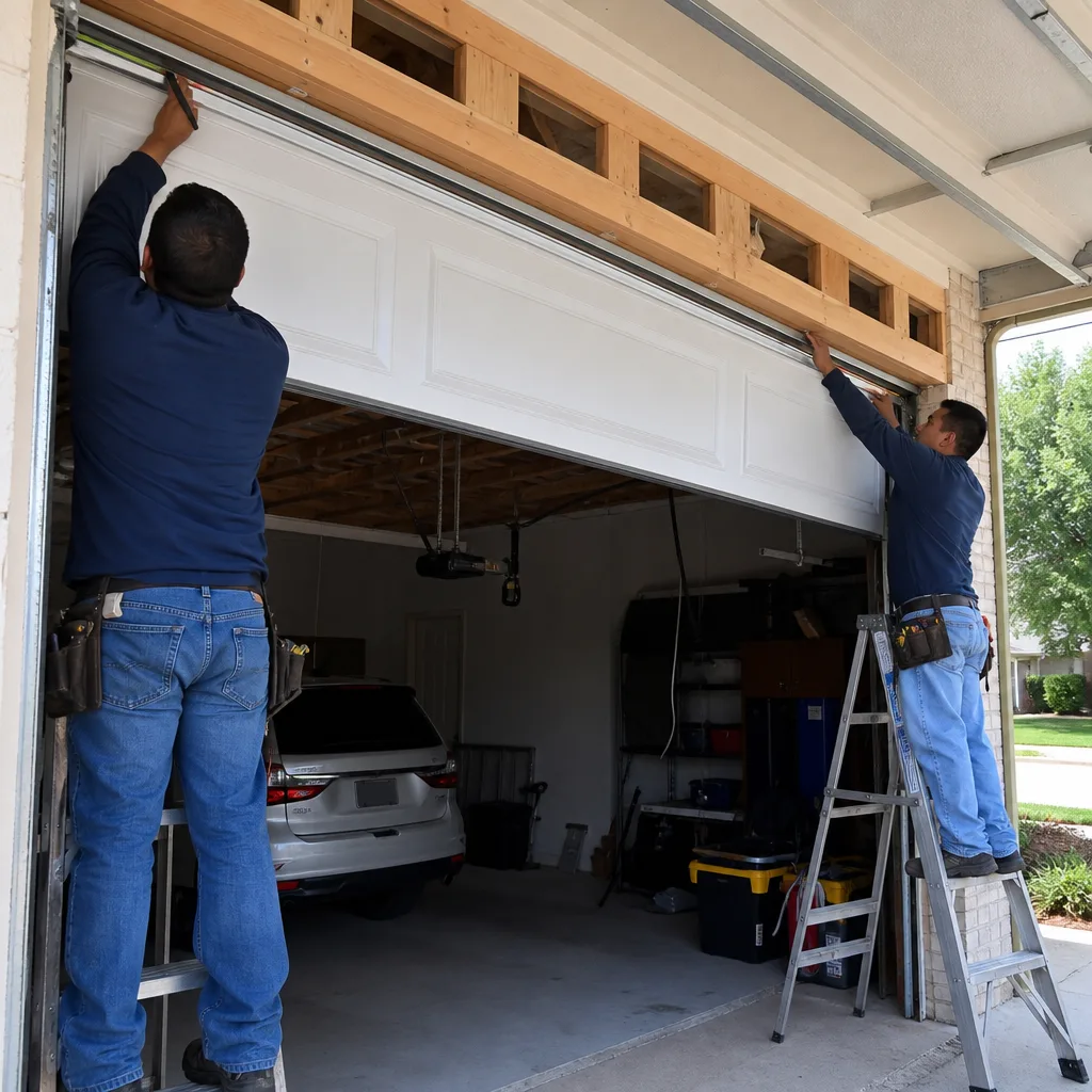 Two professional technicians performing a new garage door installation