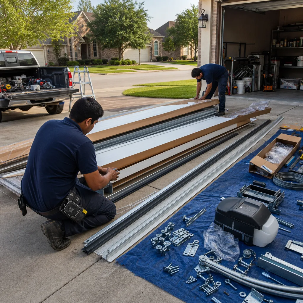 Professional technicians performing a garage door installation on a residential driveway