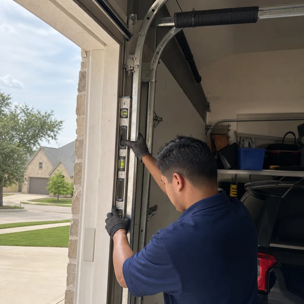 Technician checking garage door track alignment with a level