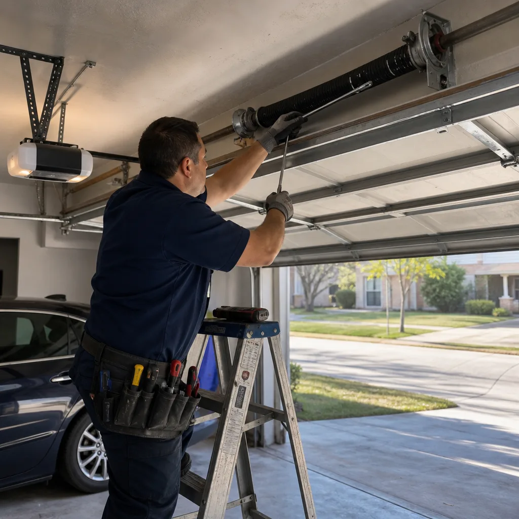 Technician performing emergency garage door spring repair on a ladder in Denton, TX