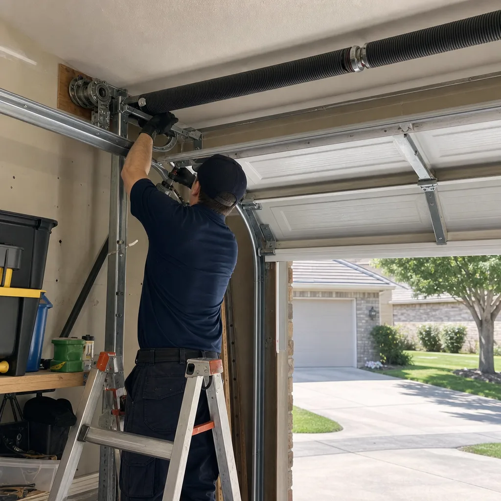 Technician performing emergency garage door spring repair on a ladder nationwide
