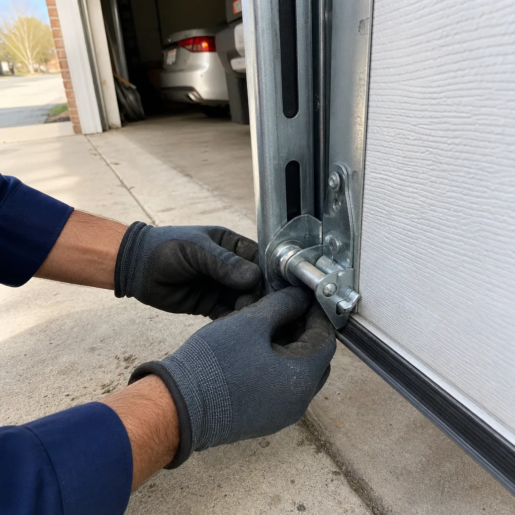 Technician performing emergency garage door roller repair on residential track nationwide