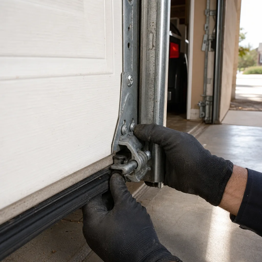 Technician repairing garage door hinge and roller assembly nationwide