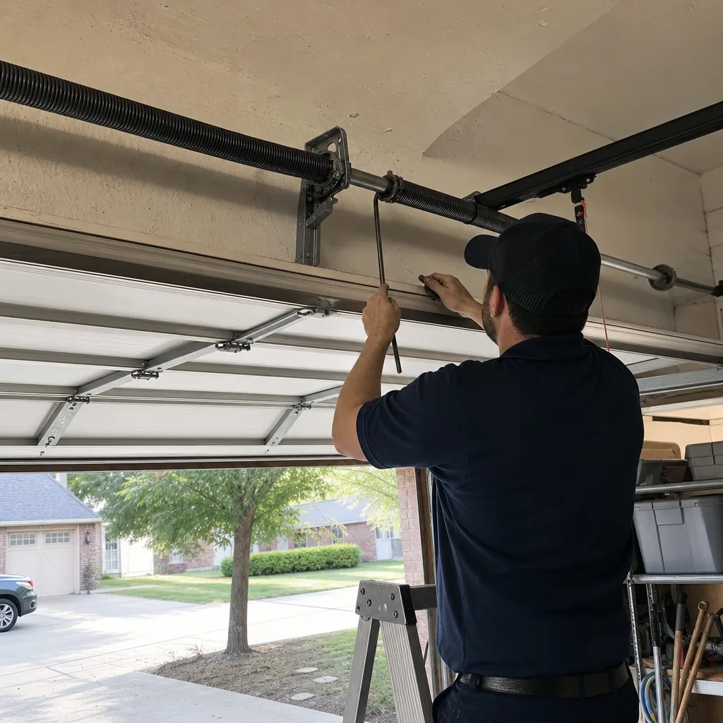 Technician performing professional garage door spring repair and maintenance nationwide