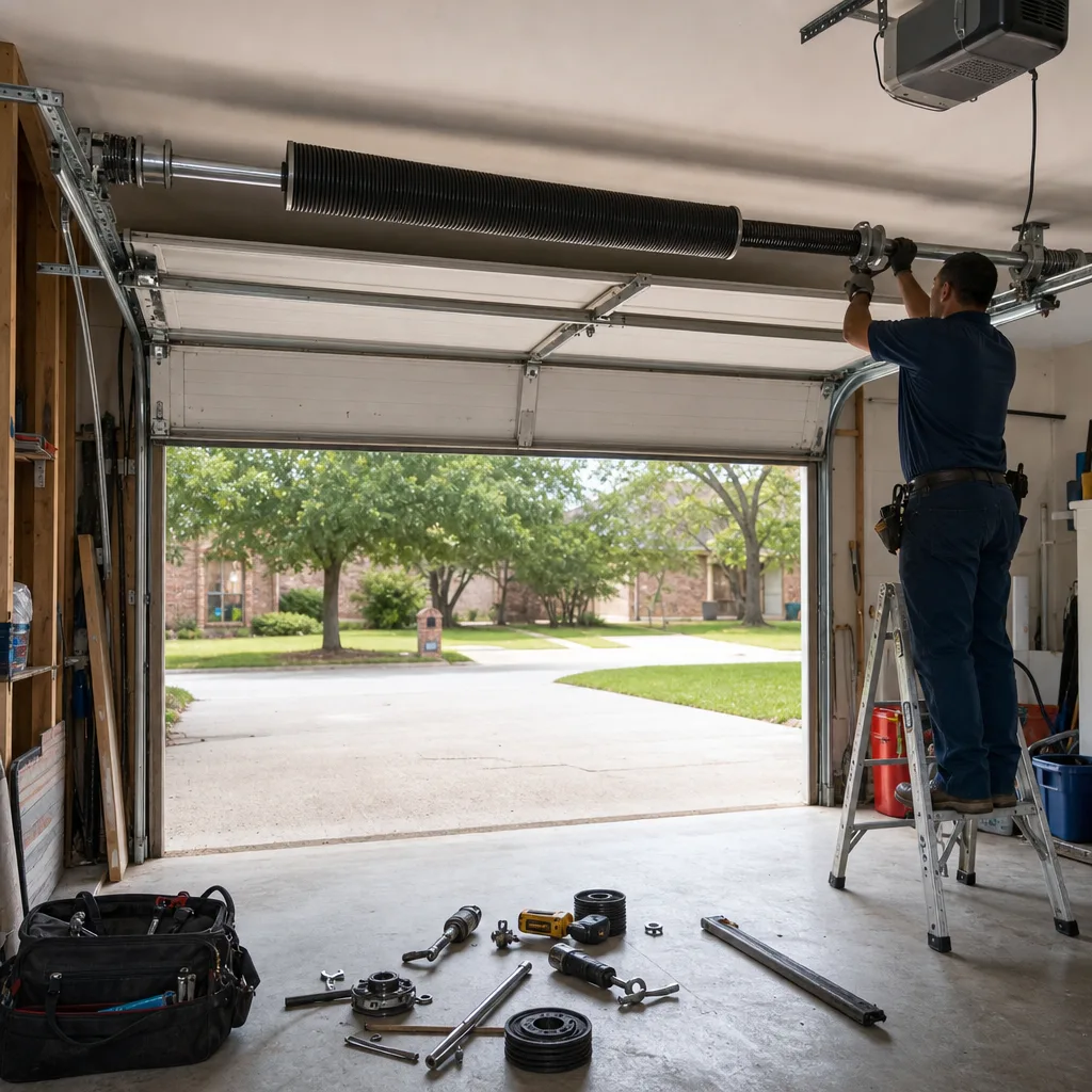 Technician performing professional garage door spring repair and maintenance nationwide