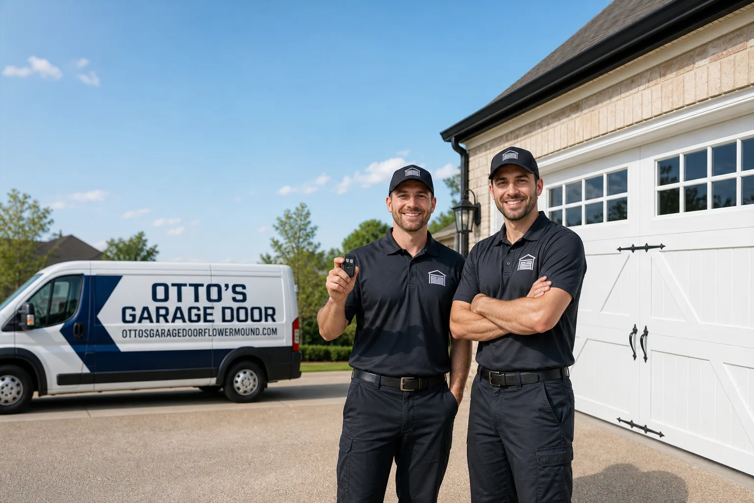 Otto's Garage Door garage door service vehicle and crew in Flower Mound, TX